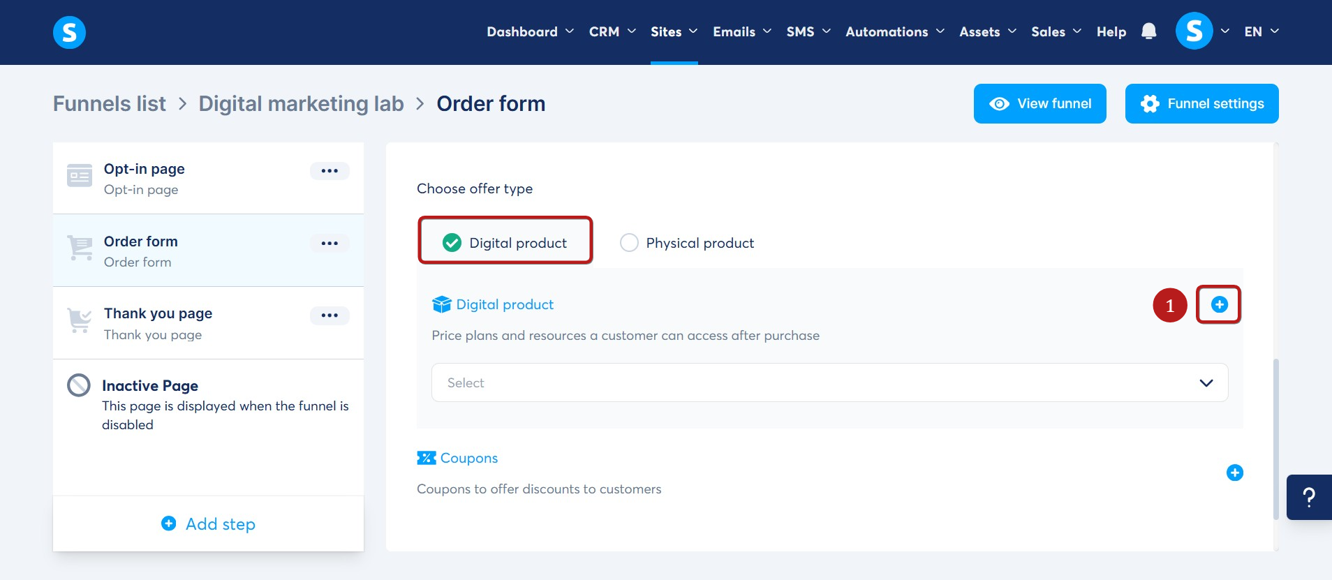 Selecting Digital Product as the offer type in systeme.io
